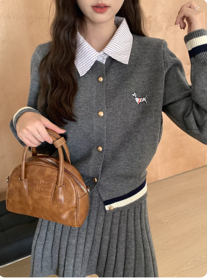 陆小团团polo领刺绣毛衣开衫短裙套装冬季新款小香miu系新年穿搭